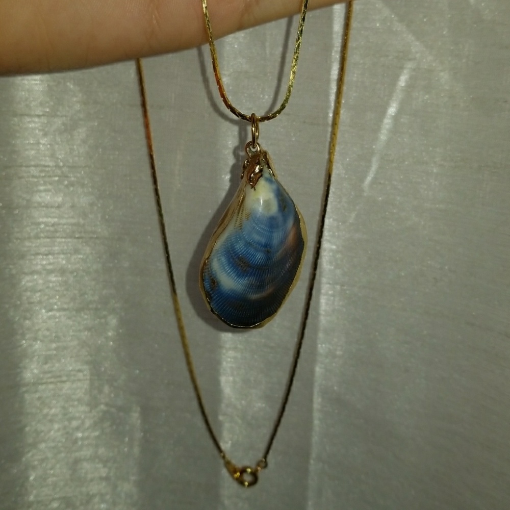 A gold necklace with a gorgeous blue shell